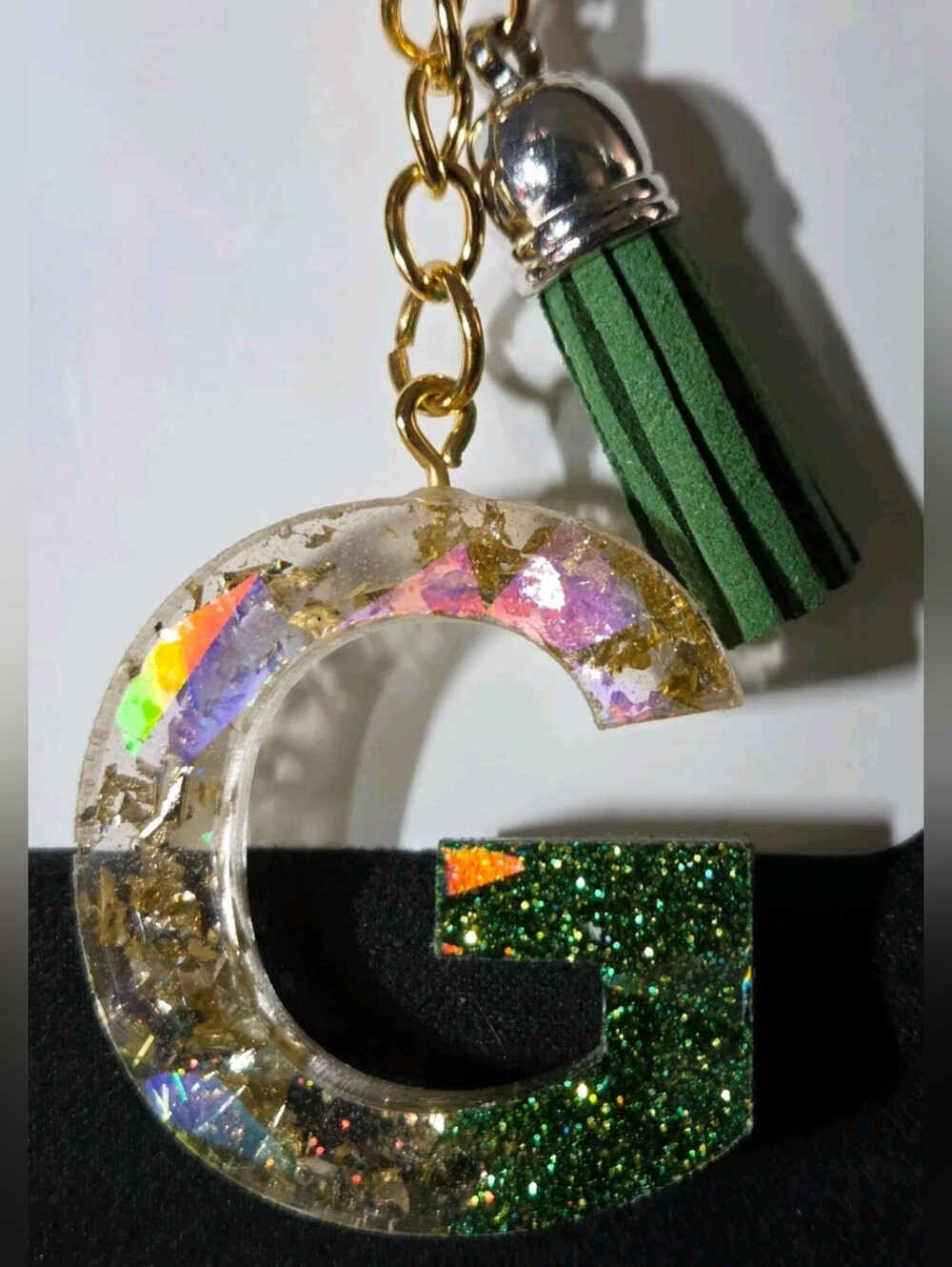 Green Glitter 'G' Initial Resin Keychain with Tassel